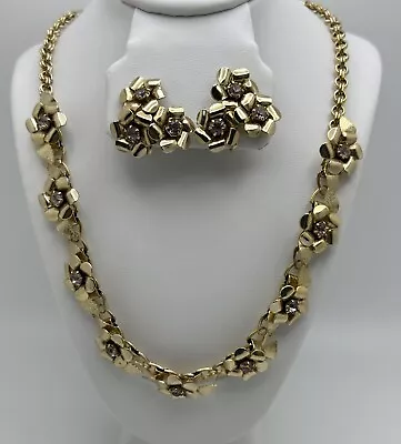 Vintage Signed Coro Goldtone & Lavender Rhinestone Flower Necklace & Earrings • $24