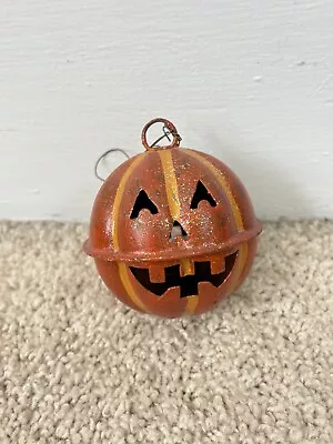 Small Pumpkin Jack O Lantern Orange Sparkly Metal Circle Jingle Bell Decoration • $9.99