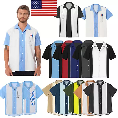 US Men 50s 60s Rockabilly Short Sleeve Bowling Casual Button-Down Stylish Shirts • $15.64