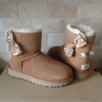 Ugg Mini Bailey Bow Brilliant Bling Pearls Chestnut Suede Boots Size Us 5 Womens • $117.30