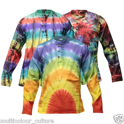 Colorful Tie Dye Hippie Style Holiday Grandad ShirtSupersoft  Boho Casual Top • £20.39