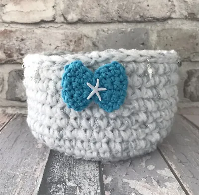 Seashell Crochet Storage Basket Medium Coastal Nautical Handmade Home Decor • £19.99