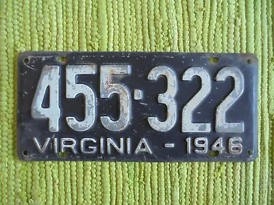 1946 Virginia License Plate VA 46 Tag 455-322 • $69.95