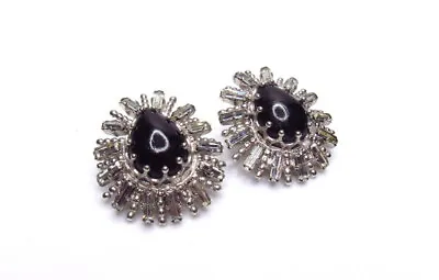 Vintage Signed Austria Rhinestone Clip Earrings Black & Clear • $59.99