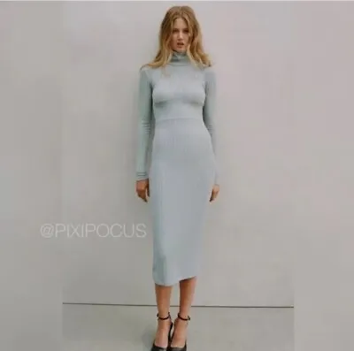 $44 • Buy Zara Rib Knit Mockneck Sweater Dress Size Small In Blue Gray