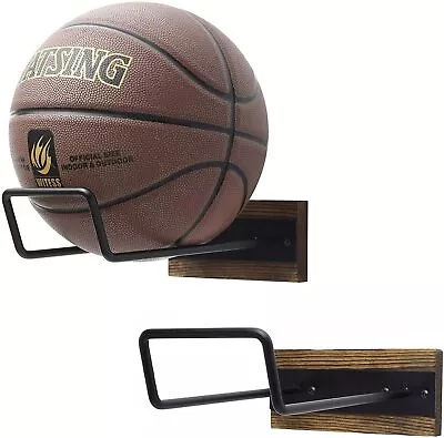 Black Metal & Burnt Wood Wall Mounted Multi Exercise Ball Storage Rack Set Of 2 • $29.99