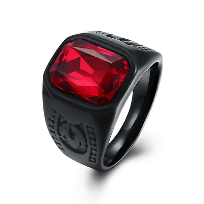 Stainless Steel Black Gun Ring Mens Red Black Stone B550 • $13.99