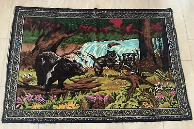 Vintage Velvet Tapestry Wall Hanging Carpet Black Bear Family Stream Wildlife • $40