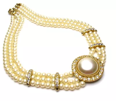 Vintage Pearl Rhinestone Necklace 3 Strand Multi Strand Costume Jewelry • $0.99