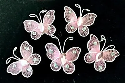 20 Pink Wired Glittery Mesh Butterfly Motifs 4 Card Crafts Sewing Embroidery  • £4.29