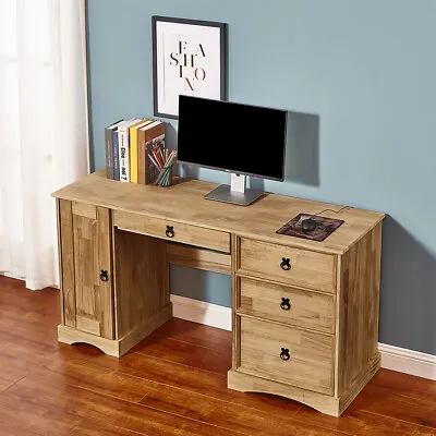 Solid Pine Computer Desk Home Office Table With 1 Door 3 Drawers Storage Waxed • £129.99