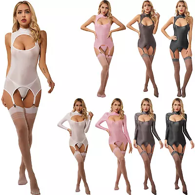 Womens Glossy Sheer Lingerie Suit Bodysuit With Garters And Thigh High Stockings • $4.39