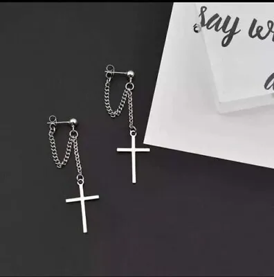 Mens-womens Silver Tassel Dangle Earrings-small Silver Cross-crucifix-gift-UK • £3.69