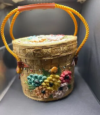 Vintage Raffia Bucket Basket Purse 60s Floral Motif • $40