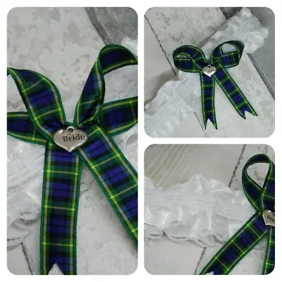 White Garter Scottish Ribbon   Green Yellow Blue Tartan  Wedding Charm   • £7.95