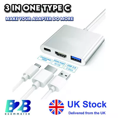 3 In 1 Type C To USB - 4K Hdmi USB 3.0 Hub Adapter Cable Lead For Macbook Laptop • £5.49