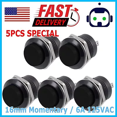 5 PCS Black Normally Open 16mm Round Momentary 2 Pins Metal Push Button Switch • $4.95