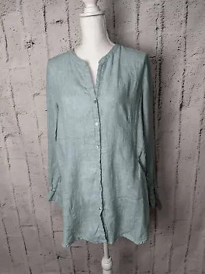 Sigrid Olsen 100% Linen Blueish Green Long Sleeve  Long Shirt Tunic Size S Small • $25