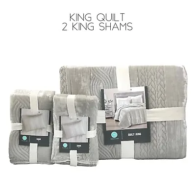 Martha Stewart Cable Knit Velvet KING Quilt + 2 KING Shams Set GRAY • $116