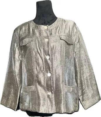 Ruby Rd Jacket Women 18 Silver Wrinkle Faux Silk Shimmer Pocket Metallic Trucker • $9.12