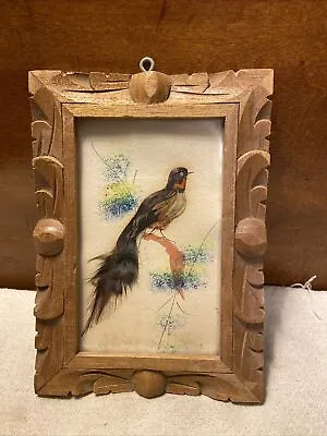 Vintage 5x7” Mexican Feathercraft Bird Picture In Carved Wood Frame Feather Art • $18.50