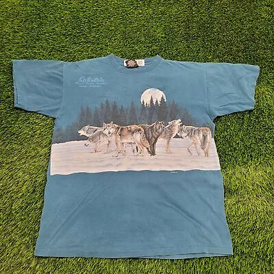 Vintage 1991 Habitat Wolf-Pack Moonlight Shirt L-Short 22x26 Cadet-Blue Wildlife • $32.72