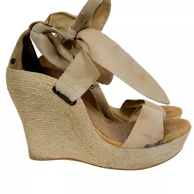 Ugg Jules Pearl Gold Champagne Wrap Bow Platform Wedge Espadrille Sandals 8.5 • $18.75