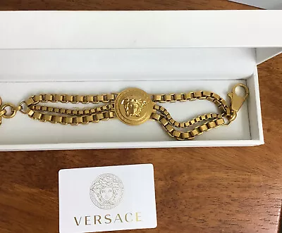 Versace Men’s Heavy Gold Link Bracelet Three Box Strand Round Center Medusa • $650