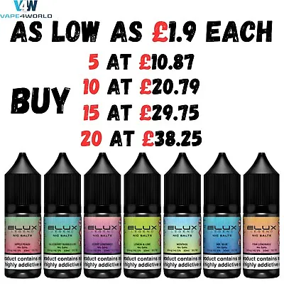 Elux Nic Salt 10ml E Liquid Vape Juice Authentic Elux Salts 50VG/50PG Mix&Match • £2.39