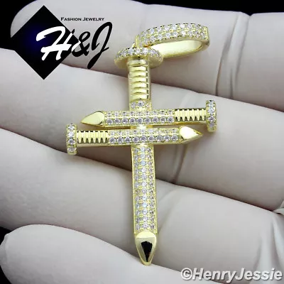 Men 925 Sterling Silver Icy Bling Cz Gold Plated 3d Nail Cross Pendant*gp139 • $39.99