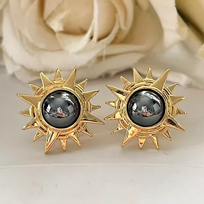 1980's Gunmetal Grey Glass Gold Plated Pierced Starburst Cabouchon Earrings • £15