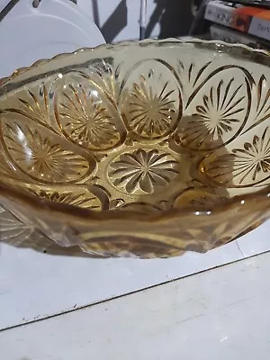 Vintage Amber Pressed Indiana Glass Bowl Starburst Pattern With Scalloped Rim  • $10.99