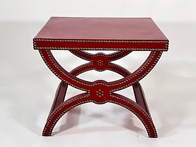 Baker Red Leather Covered Occasional Table With Brass Nail Head Trim Mid Century • $1099