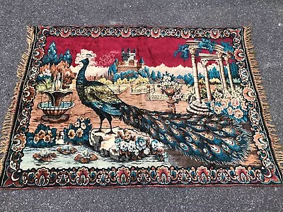 Vintage Wall Tapestry Rug Vibrant Peacock Bird 66” X 48” Fringed MCM Decor • $39.99