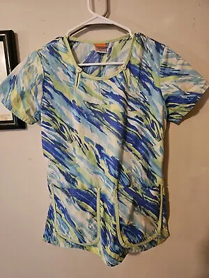 NRG By Barco Blue White And Green Swirl Print Scrub Top - Sz S • $3.99