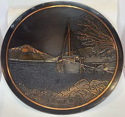 Antique Brass Hand Fine Etched Tray Round Plate Beautiful Chlie City Figure Read • $24.99