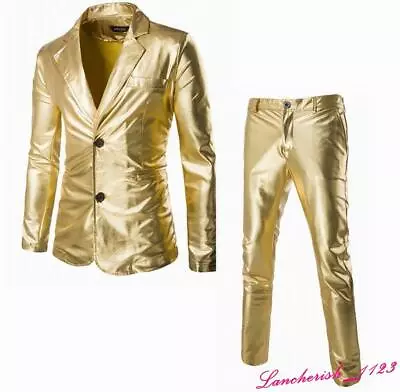 2PC Suits Men's Gold Blazer Jacket Pant Shiny Formal Coat Slim Fit Occident Hot • $50.72