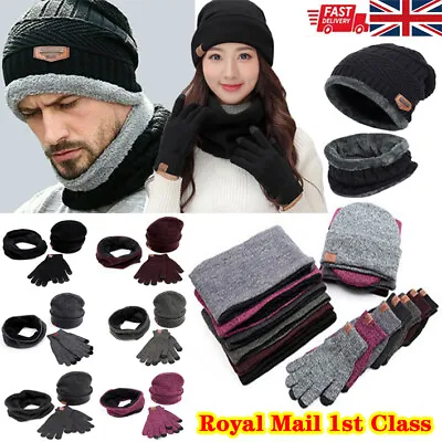 Men Beanie Hat Scarf Set Neck Cover Winter Warm Fleece Knitted Thick Ski Cap • £7.99