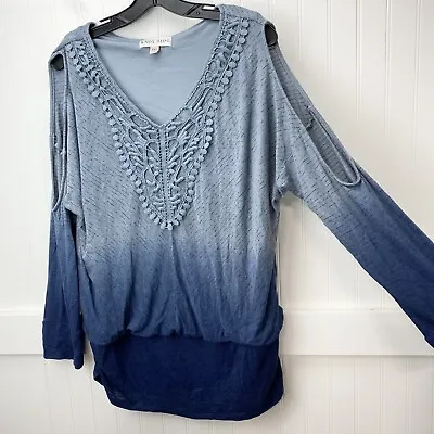 $22.49 • Buy Knox Rose Ombre Blouse XXL Blue Dip Dye Cold Shoulder Long Sleeve Shirt Boho Top