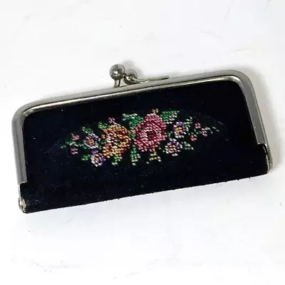 Vintage 1950s Mini Manicure Nail Kit Black NeedlePoint Flowers Germany *read* • $16.99