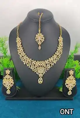 Ethnic Indian Gold Tone Bollywood Bridal Set Earrings Tika AD Necklace Jewelry • $18.99