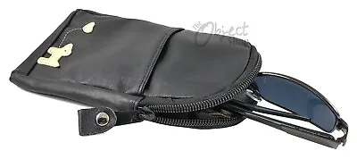 £4.25 • Buy Black Leather Soft Glasses Case With Little Dog Motif Zip Top And Front Pocket