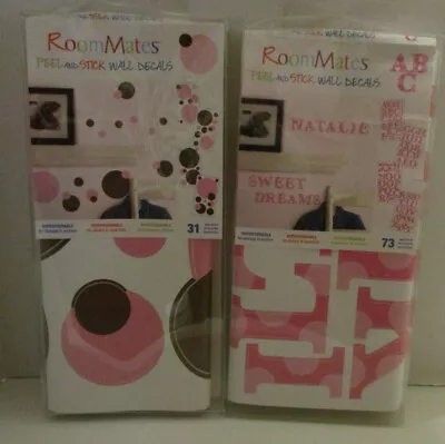 2 RoomMates Pink Brown Wall Decals 31 Circles 73 Letters Pink 2 Pkg Peel Stick • $30.03