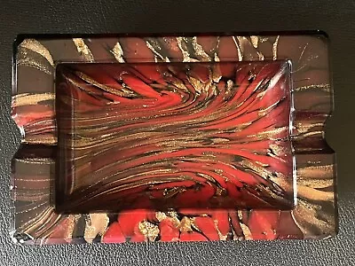 Vintage Murano Glass ITALY Red Black Gold Swirl Rectangle Ashtray • $49.95
