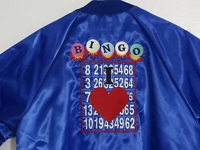 Vintage Cardinal USA Blue Satin Shimmery Jacket Embroidered I Love Bingo - Sz XL • $20