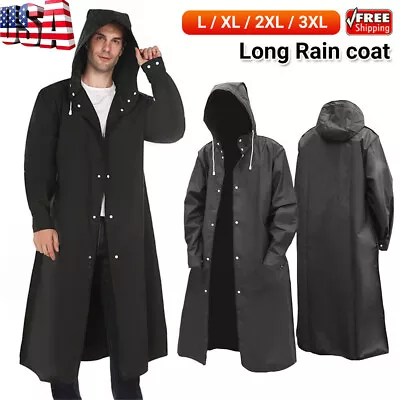 Black Long Raincoat Men Women Trench Coat Hooded Jacket Rain Waterproof Rainwear • $20.99