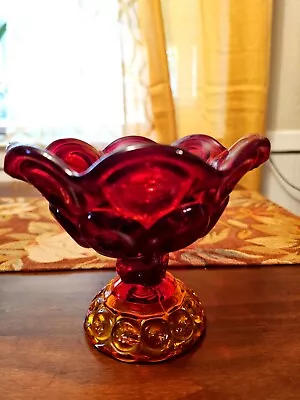 Vintage LE Smith Amberina Moon And Stars Footed Glass Candy Bowl 5  Tall • $25