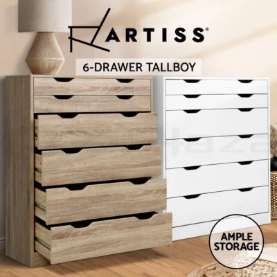 $156.85 • Buy Artiss 6 Chest Of Drawers Tallboy Dresser Storage Cabinet Bedroom White Oak