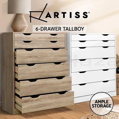 Artiss 6 Chest Of Drawers Tallboy Dresser Storage Cabinet Bedroom White Oak • $167.95