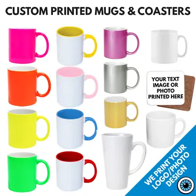 Custom Printed Mugs & Coaster • Personalised Print Cup Logo Image Photo Bulk Mug • £9.99